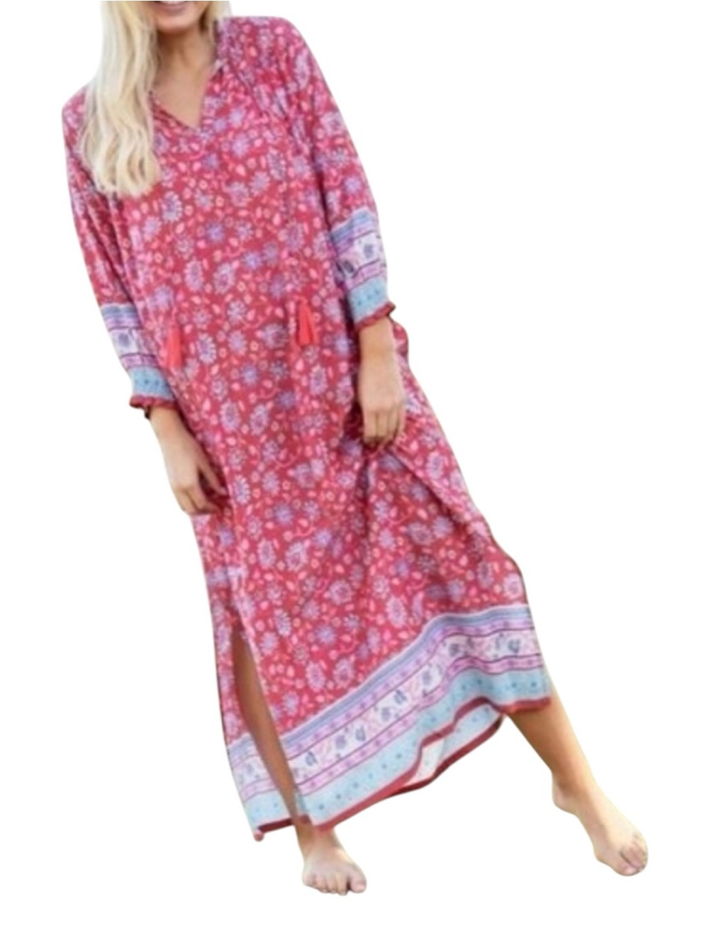 NATURAL LIFE Dara Floral Kaftan 3/4 Sleeve Maxi Dress Size XL.